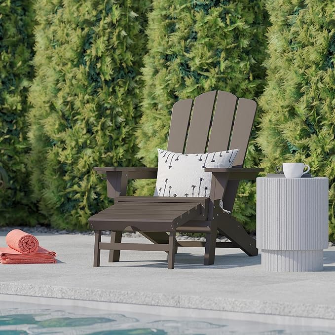 Flash Furniture Newport Poly Resin Adirondack Chair with Cup Holder and Pull Out Ottoman, All-Weather Poly Resin Indoor/Outdoor Lounge Chair, Brown