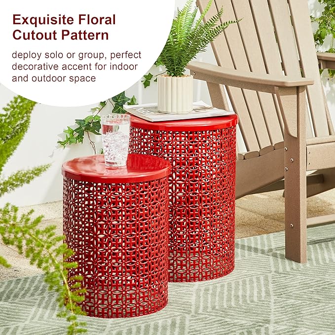 Glitzhome Outdoor Side Table Set of 2, Decorative Garden Stool for Patio Heavy Duty Metal Frame Accent Table Modern End Table, Glossy Red