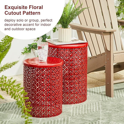 Glitzhome Outdoor Side Table Set of 2, Decorative Garden Stool for Patio Heavy Duty Metal Frame Accent Table Modern End Table, Glossy Red
