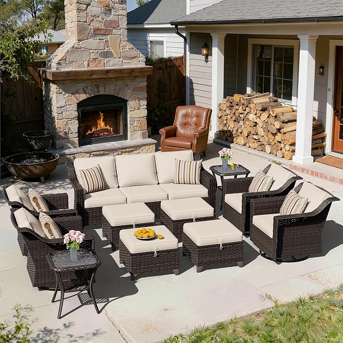 11 Pieces Patio Conversation Furniture Set - 1 Sofa, 4 Ottomans, 4 Swivel Chairs, 2 Side Tables - Photo 6