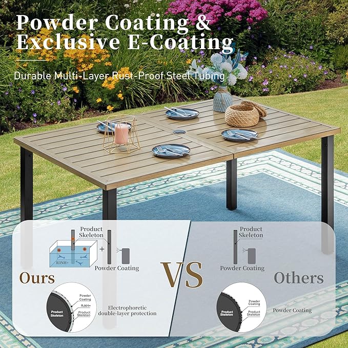 60" Patio Dining Table for 6, Teak Color Rectangle Patio Table with Umbrella Hole - Photo 5