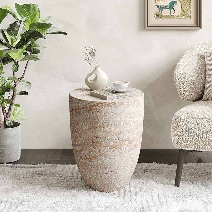 Christopher Knight Home Jaym 17.5" H Indoor Outdoor Accent Side Table, Patio Decorative End Table, Tapered Cylinder Lightweight Concrete Garden Stool for Patio Balcony & Garden Decor, Travertine