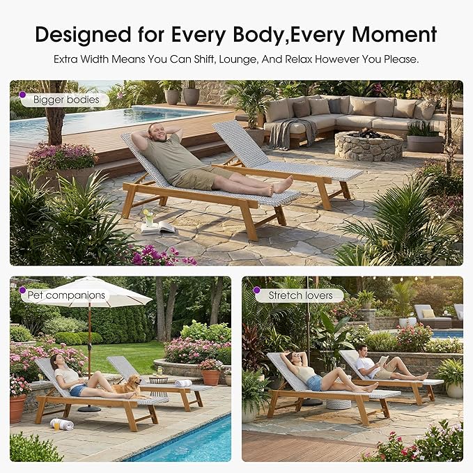 PURPLE LEAF Extra Large Patio Chaise Lounge 2 Pieces French Outdoor Wicker Lounger Matte Teak Aluminum Frame 771LBS Capacity PE Rattan Adjustable Backrest for Pool Garden Beach Backyard White