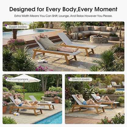 PURPLE LEAF Extra Large Patio Chaise Lounge 2 Pieces French Outdoor Wicker Lounger Matte Teak Aluminum Frame 771LBS Capacity PE Rattan Adjustable Backrest for Pool Garden Beach Backyard White