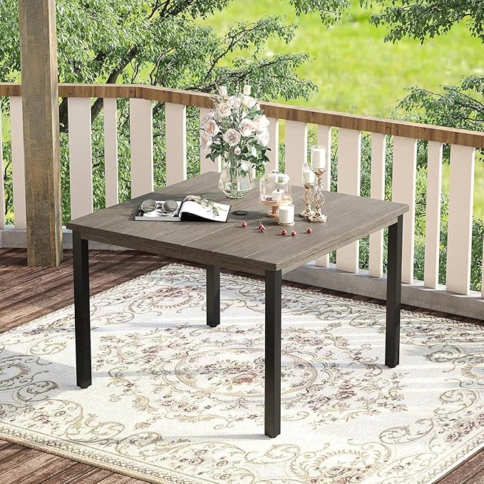 VICLLAX 40.2" Square Patio Dining Table for 4, Outdoor Table with Umbrella Hole, All Weather Metal Patio Table, Light Gray Tabletop