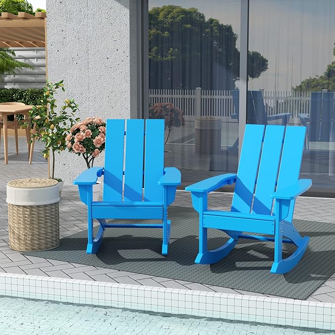WestinTrends Ashore Adirondack Rocking Chairs Set of 4, All Weather Rocker Loungers, Modern Farmhousefor Outdoor Patio Porch Garden Backyard and Indoor, Pacific Blue