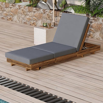 Merax Acacia Wood Chaise Lounge Set w/ 6-Position Adjustable Backrest & Cushion - Outdoor Patio Poolside Furniture, Grey