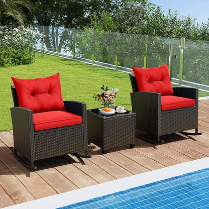 Tangkula 3 Piece Wicker Rocking Set, Patio Rattan Roker Chairs with Tempered Glass Table & Soft Cushions, Outdoor Furniture Set for Backyard, Poolside Porch (Red)