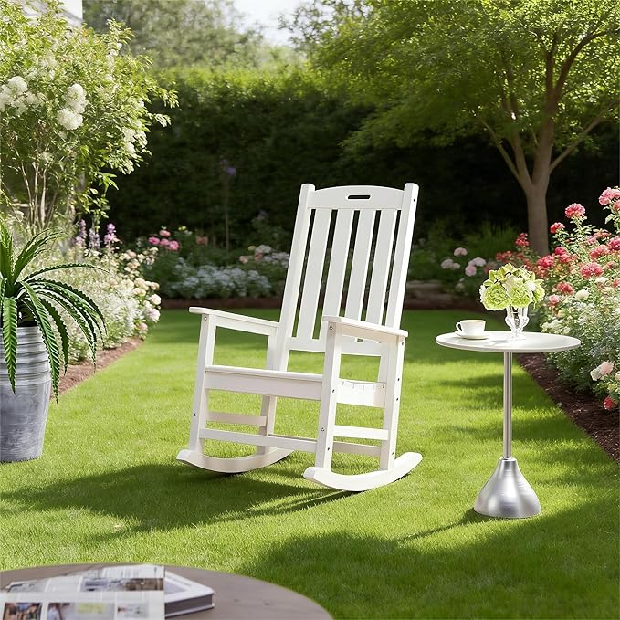 Psilvam Oversized Outdoor Rocking Chair, with 21" Wide Seat and 32" Tall Backrest, Pre-Assembled with Most Components for Effortless Installation (White)