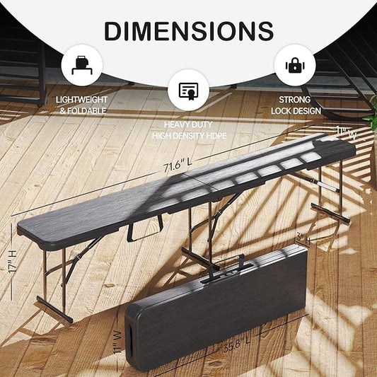 6 Foot Folding Bench, Portable Plastic Folding Bench Seat, Foldable Seat for Indoor Outdoor Picnic Camping Dining, Soccer Garden Multipurpose Entertaining Activities, Black