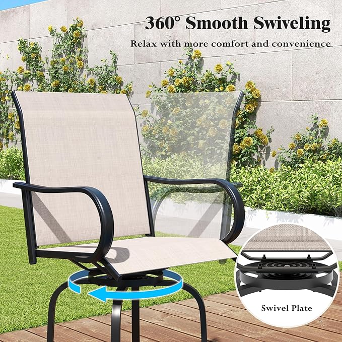 Tangkula Outdoor Swivel Bar Stools Set of 2, Bar Height Tall Patio Chairs with Armrests & High Back - Photo 6