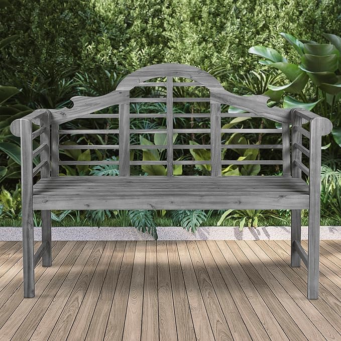 Eyely HNB103B Lucy 51.2" 3-Seat Arched 600-Lbs Support Acacia Wood Outdoor Garden Patio Bench for Garden, Lawn, Backyard, Pool, Deck, Beach, Firepit, Gray