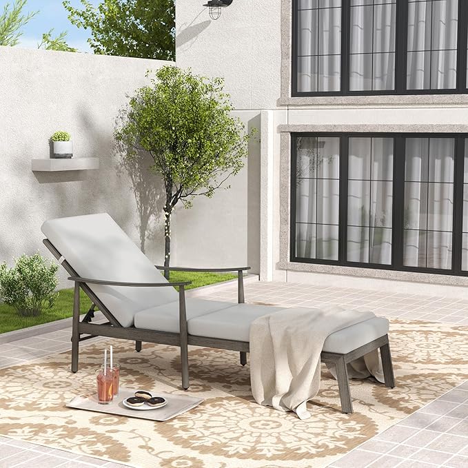 Outdoor Lounge Chair with Armrest, Patio Aluminum Chaise Lounge Outdoor, Adjustable Backrest with Rope Design, Patio Recliner Chairs Cushions for Lawn Pool Beach (Grey)