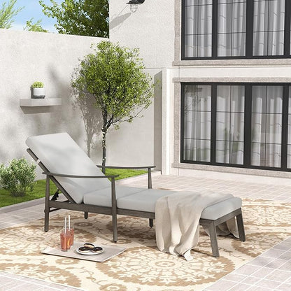 Outdoor Lounge Chair with Armrest, Patio Aluminum Chaise Lounge Outdoor, Adjustable Backrest with Rope Design, Patio Recliner Chairs Cushions for Lawn Pool Beach (Grey)