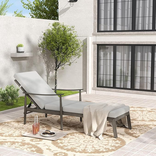 Outdoor Lounge Chair with Armrest, Patio Aluminum Chaise Lounge Outdoor, Adjustable Backrest with Rope Design, Patio Recliner Chairs Cushions for Lawn Pool Beach (Grey)