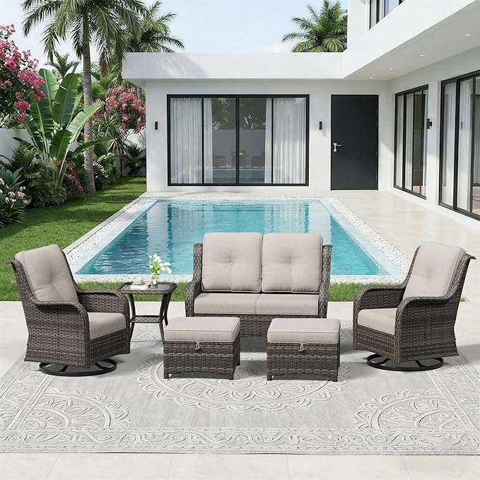 6 Piece Outdoor Wicker Patio Furniture Set, Outdoor Swivel Rocker Patio Chairs Set with Thickened Olefin Cushions - Photo 9