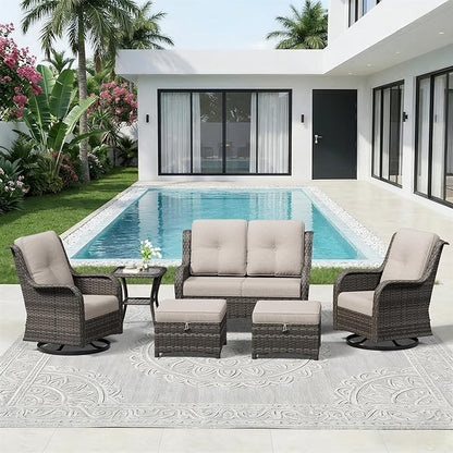 6 Piece Outdoor Wicker Patio Furniture Set, Outdoor Swivel Rocker Patio Chairs Set with Thickened Olefin Cushions, High Back and Deep Seating, Hand-Woven PE Rattan for Porch, Deck
