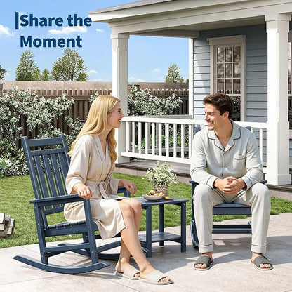 HDPE Rocking Chair Outdoor Set of 2 with Side Table - Poly High Back Porch Rocker Chairs for Adults - All Weather Resistant Furniture for Patio Front Porch - Navy Blue