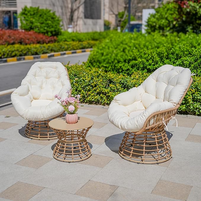 Swivel Chairs for Outside Patio Set of 3, 360 Degree Swivel Pe Wicker Luxury Lounger Chair with 20" Side Table - Photo 8