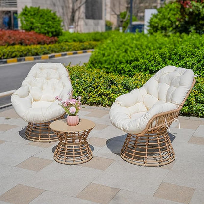 Swivel Chairs for Outside Patio Set of 3, 360 Degree Swivel Pe Wicker Luxury Lounger Chair with 20" Side Table, Soft Cushion and Durable Frame, for Apartment Balcony, Patio, Porch, Yard