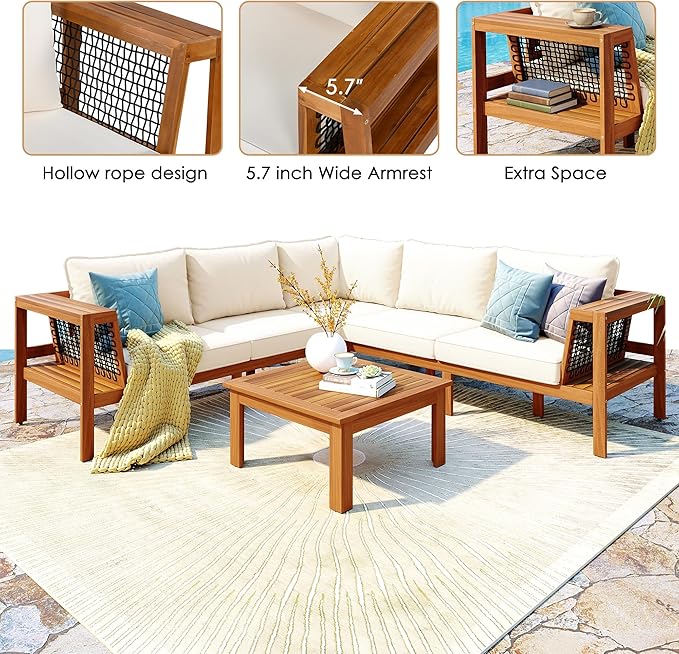 Outdoor L-Shaped Sofa Furniture Set with Coffee Table, Woven Mesh Armrests and Side Table - Photo 5