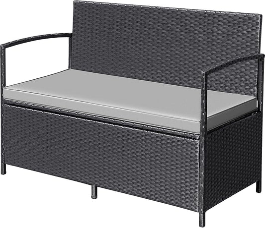 Flamaker Patio Loveseat Wicker Outdoor Furniture, All Weather Rattan Conversation Bench Chair with Large Storage Capacity and Cushions for Backyard, Outside Patio Porch (Black)