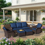 6 Piece Patio Wicker Conversation Set, All-Weather Use Outdoor Wicker Sofa with 2 PE Rattan Ottomans, 2 Swivel Chair - Photo 1