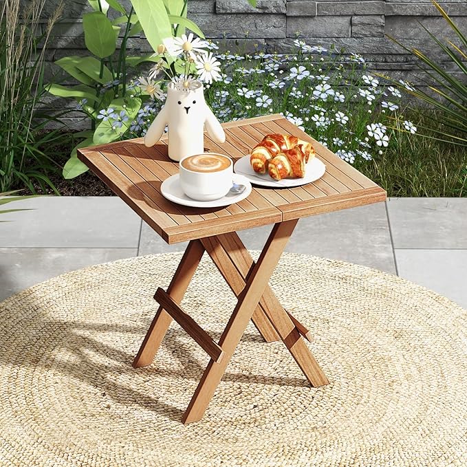 Tangkula Patio Side Table Folding, Teak Wood Square Coffee Table w/X-Shaped Legs & Slatted Tabletop, Portable & Compact Outdoor End Table for Backyard, Deck, Lawn