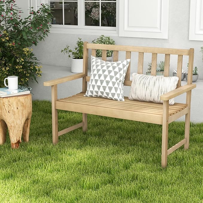 Tangkula Outdoor Teak Wood Garden Bench, 2-Person Patio Bench with Backrest and Armrests, Patio Garden Bench with Slatted Seat for Porch, Lawn, Balcony and Backyard