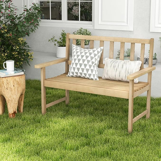 Tangkula Outdoor Teak Wood Garden Bench, 2-Person Patio Bench with Backrest and Armrests, Patio Garden Bench with Slatted Seat for Porch, Lawn, Balcony and Backyard