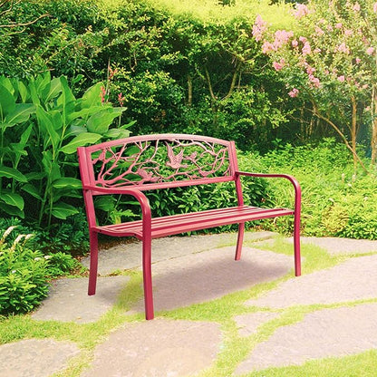 Perched Birds Metal Park Patio Bench, Outdoor Bench in Red for Porch, Lawn, Garden, Deck by Sun-Ray