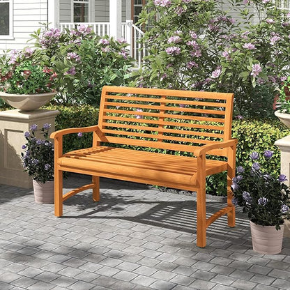 Tangkula Teak Wood Outdoor Bench with Backrest, Patio Garden Park Bench with Slatted Backrest & Seat, Curved Armrests, 800 lbs Capacity, 2-Person Outside Loveseat for Porch, Deck and Backyard