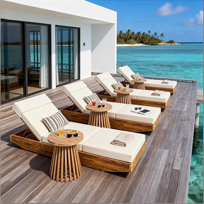 espidoo Acacia Wood Outdoor Chaise Lounge: 300lb Capacity & 3-Position Adjustable - Beige Water-Repellent Cushion & - Photo 8