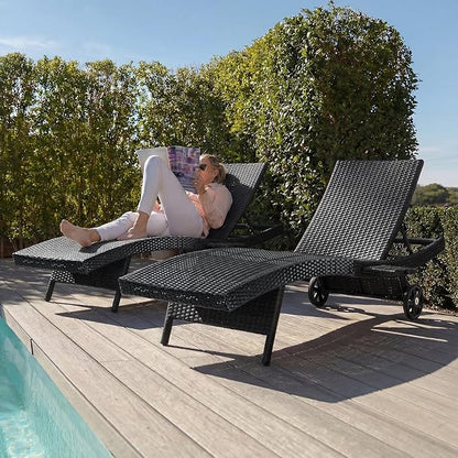 Polibi 80" Patio Wicker Chaise Lounge Chairs Set of 2, Outdoor Rattan Reclining Lounge Chair with Rolling Wheels & Pull-Out Side Table, 4-Level Adjustable Backrest, All-Weather Ergonomic Design,Black