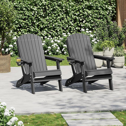 HDPE Foldable Adirondack Outdoor Chair Set of 2 with Cup Holder, Weather Resistant Heavy-Duty Patio Chair for Patio, Backyard, Deck, Fire Pit, Lawn and Porch, Grey