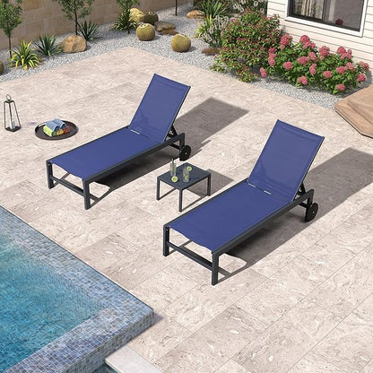 PURPLE LEAF Outdoor Chaise Lounge with Wheels for Outside Aluminum 4 Pieces Patio Lounge Chair with 5 Adjustable Position Recliner for Patio Beach Yard Pool Side Table Included Navy Blue
