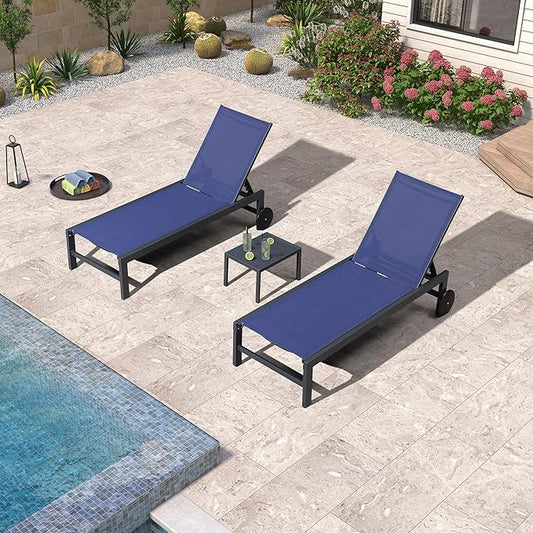 PURPLE LEAF Outdoor Chaise Lounge with Wheels for Outside Aluminum 4 Pieces Patio Lounge Chair with 5 Adjustable Position Recliner for Patio Beach Yard Pool Side Table Included Navy Blue