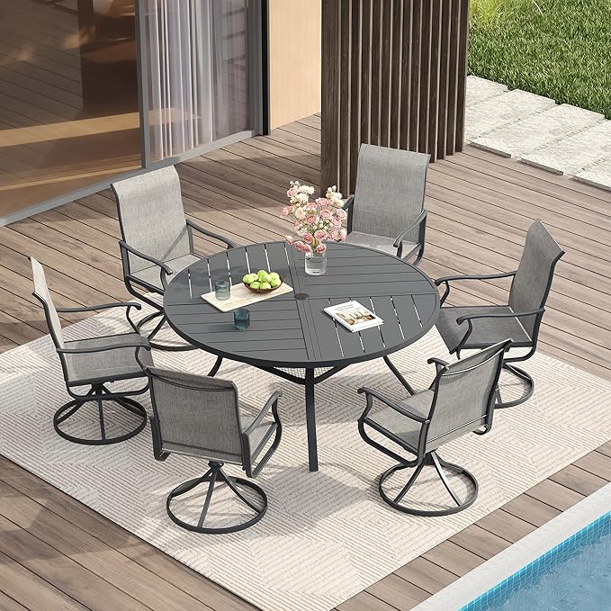 VICLLAX Round Patio Table with Adjustable Umbrella Hole for 6, All Weather Metal Outdoor Dining Table for Lawn Garden - Photo 2