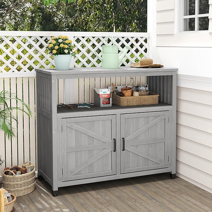 Mederlo Wooden Patio Bar Table Set with Storage, Buffet Cabinet Sideboard for Outdoor and Indoor