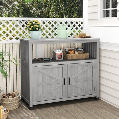 Mederlo Wooden Patio Bar Table Set with Storage, Buffet Cabinet Sideboard for Outdoor and Indoor