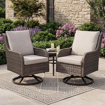 Swivel Patio Chairs Set of 2, High Back Outdoor Chairs, Wicker Patio Furniture with Cushions, Outdoor Furniture for Porch Backyard