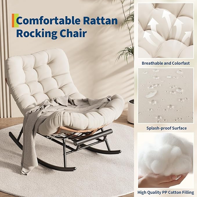 Outdoor Rocking Chair with Footrest, Oversized Patio Papasan Chairs with Cushion, Modern Lounge Rocker Chair for Indoor Living Room Garden Porch Balcony, Beige