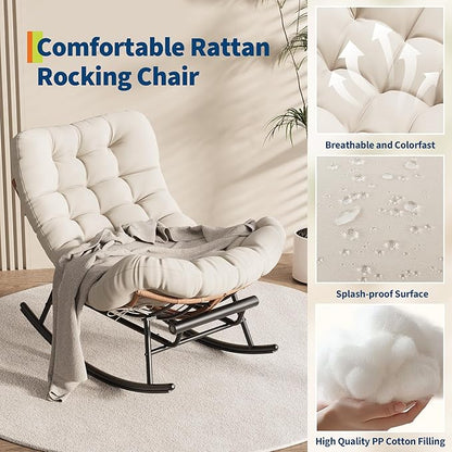 Outdoor Rocking Chair with Footrest, Oversized Patio Papasan Chairs with Cushion, Modern Lounge Rocker Chair for Indoor Living Room Garden Porch Balcony, Beige