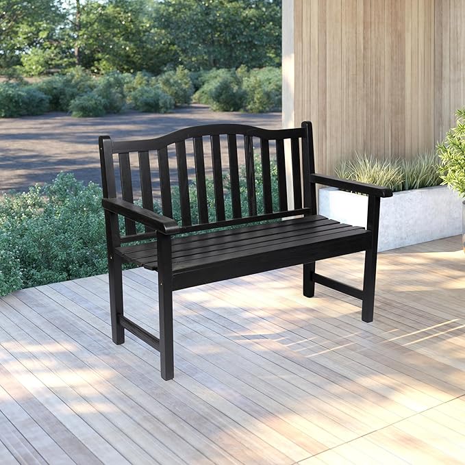 Shine Company Belfort Outdoor Solid Wood Patio Garden Bench, Ergonomic Seat, 22" D x 44.75" W x 36" H, Black