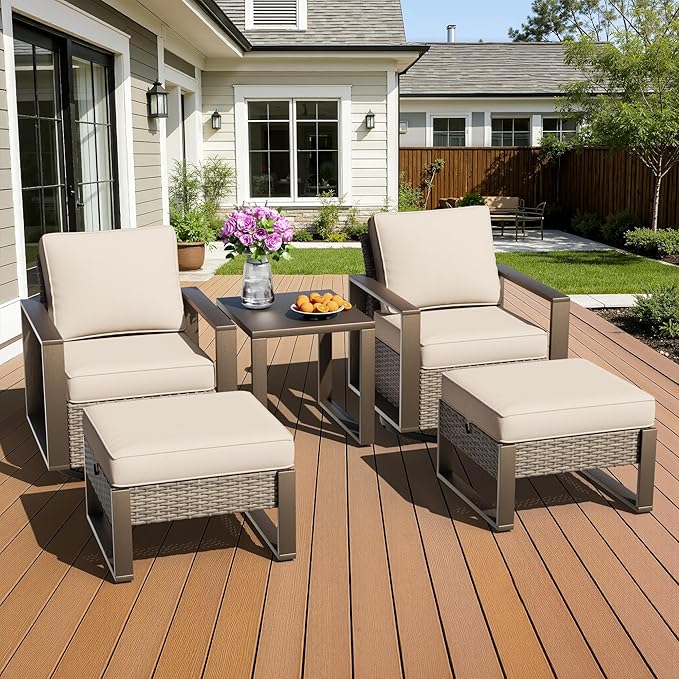 5 Pieces Metal Wicker Patio Furniture Set - 2 Swivel Rocker Chairs and 2 Ottomans, 1 Side Table - Photo 9