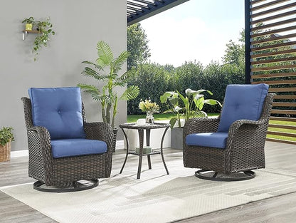 Rilyson Wicker Rocking Chair Swivel Chairs - 2 Piece Rocker Patio Chairs Set Rattan Rocking Chair for Outdoor Porch Deck Garden Backyard (Brown/Blue)
