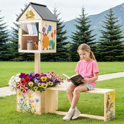 3-in-1 Outdoor Library Book Exchange Box with Bench & Planter Solid Pine Wood DIY Neighborhood Share Box Ground Mount Kit for Garden, School, Community