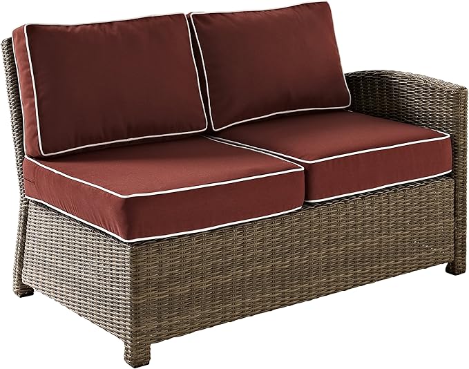 Crosley Furniture Bradenton Outdoor Sectional Right Side Loveseat, 2-Person Wicker Patio Couch for Deck, Brown with Sangria Cushions