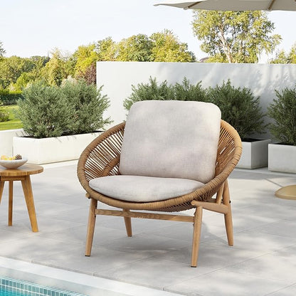 Merax Outdoor Wicker Papasan Chair, Rattan Patio Papasan Egg Lounge Chair with Cozy Cushion, Low Seat Round Chair for Backyard Balcony Garden Poolside, Sunroom Furniture, Easy Assembly, Beige