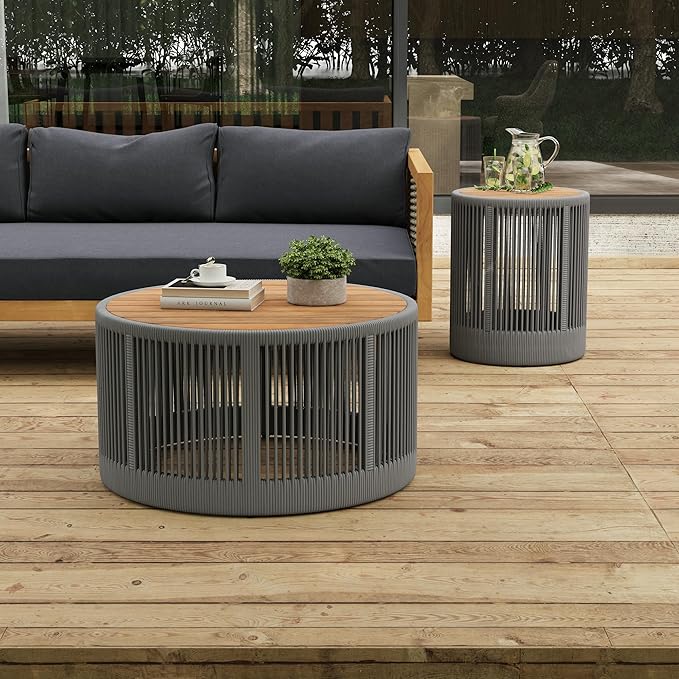 LUMISOL Rustic Industrial Table Set of 2 for Outdoor, Coffee Table & Side Table with Woven Rope Design, Patio Table Set for Living Room Garden Balcony, Teak+ Grey